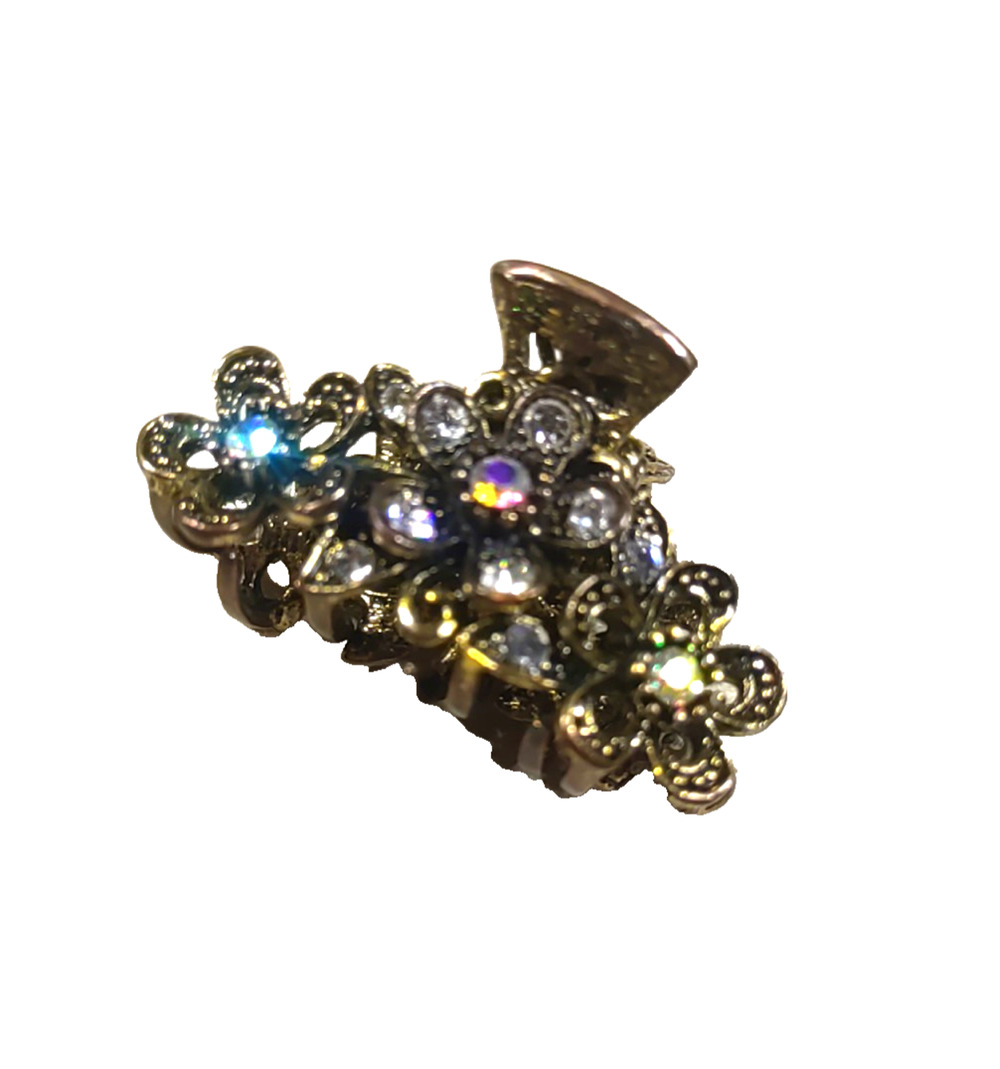 Hair Barrette Claw Clip Antique Gold Tone Aurora Borealis Rhinestone Floral